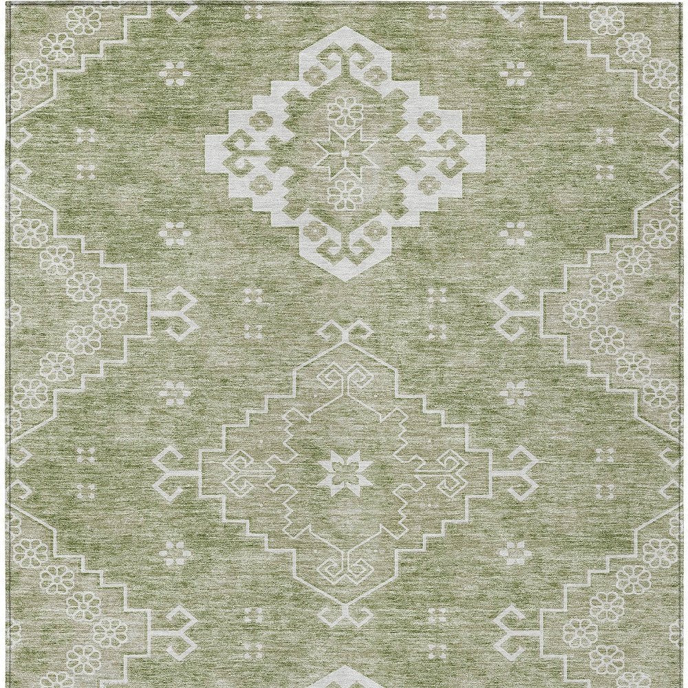 3' X 5' Artichoke Green Beige And Ivory Medallion Washable Indoor Outdoor Area Rug