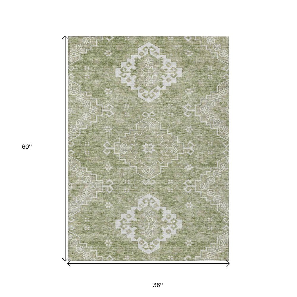 3' X 5' Artichoke Green Beige And Ivory Medallion Washable Indoor Outdoor Area Rug