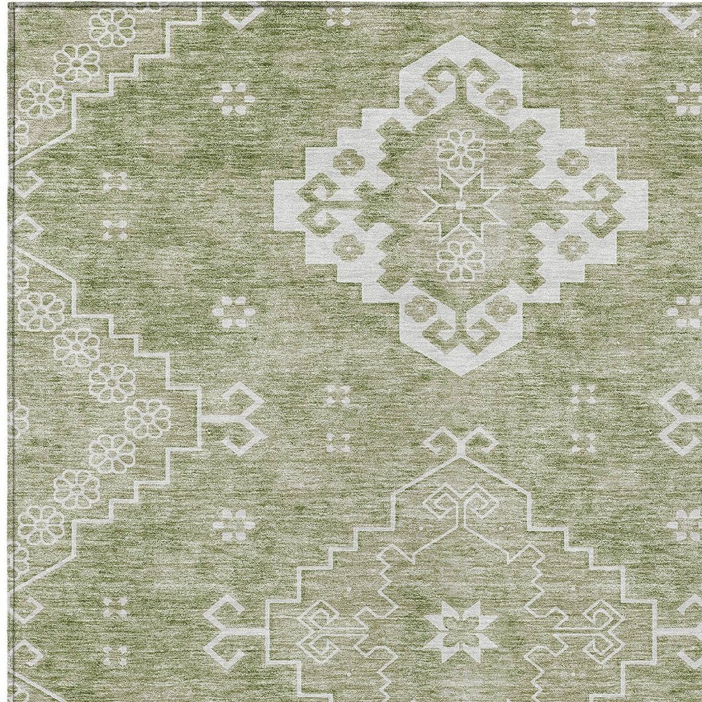 3' X 5' Artichoke Green Beige And Ivory Medallion Washable Indoor Outdoor Area Rug