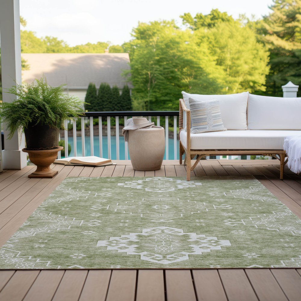 3' X 5' Artichoke Green Beige And Ivory Medallion Washable Indoor Outdoor Area Rug
