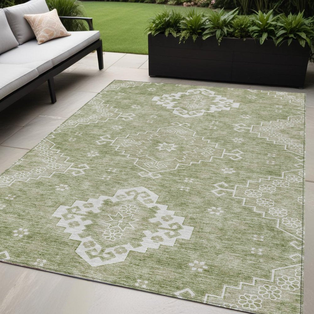 3' X 5' Artichoke Green Beige And Ivory Medallion Washable Indoor Outdoor Area Rug
