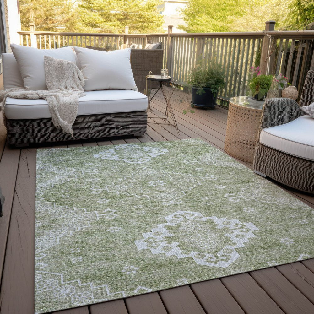 3' X 5' Artichoke Green Beige And Ivory Medallion Washable Indoor Outdoor Area Rug