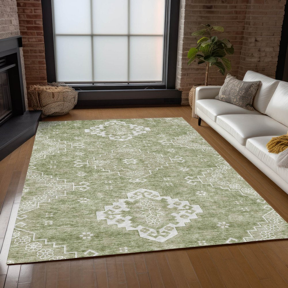 3' X 5' Artichoke Green Beige And Ivory Medallion Washable Indoor Outdoor Area Rug