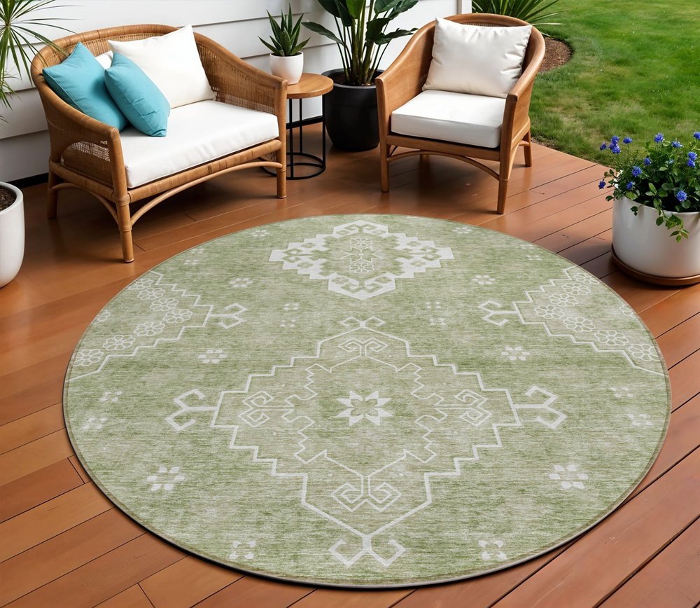 3' X 5' Artichoke Green Beige And Ivory Medallion Washable Indoor Outdoor Area Rug