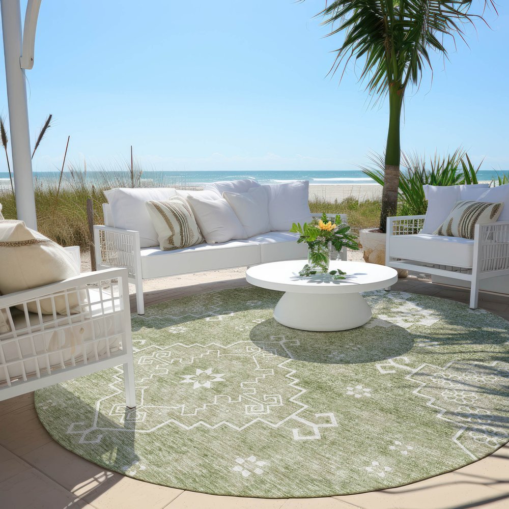 3' X 5' Artichoke Green Beige And Ivory Medallion Washable Indoor Outdoor Area Rug