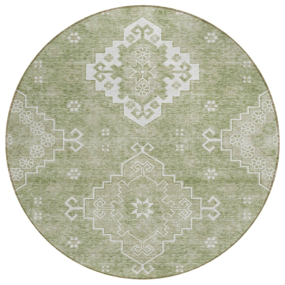 3' X 5' Artichoke Green Beige And Ivory Medallion Washable Indoor Outdoor Area Rug