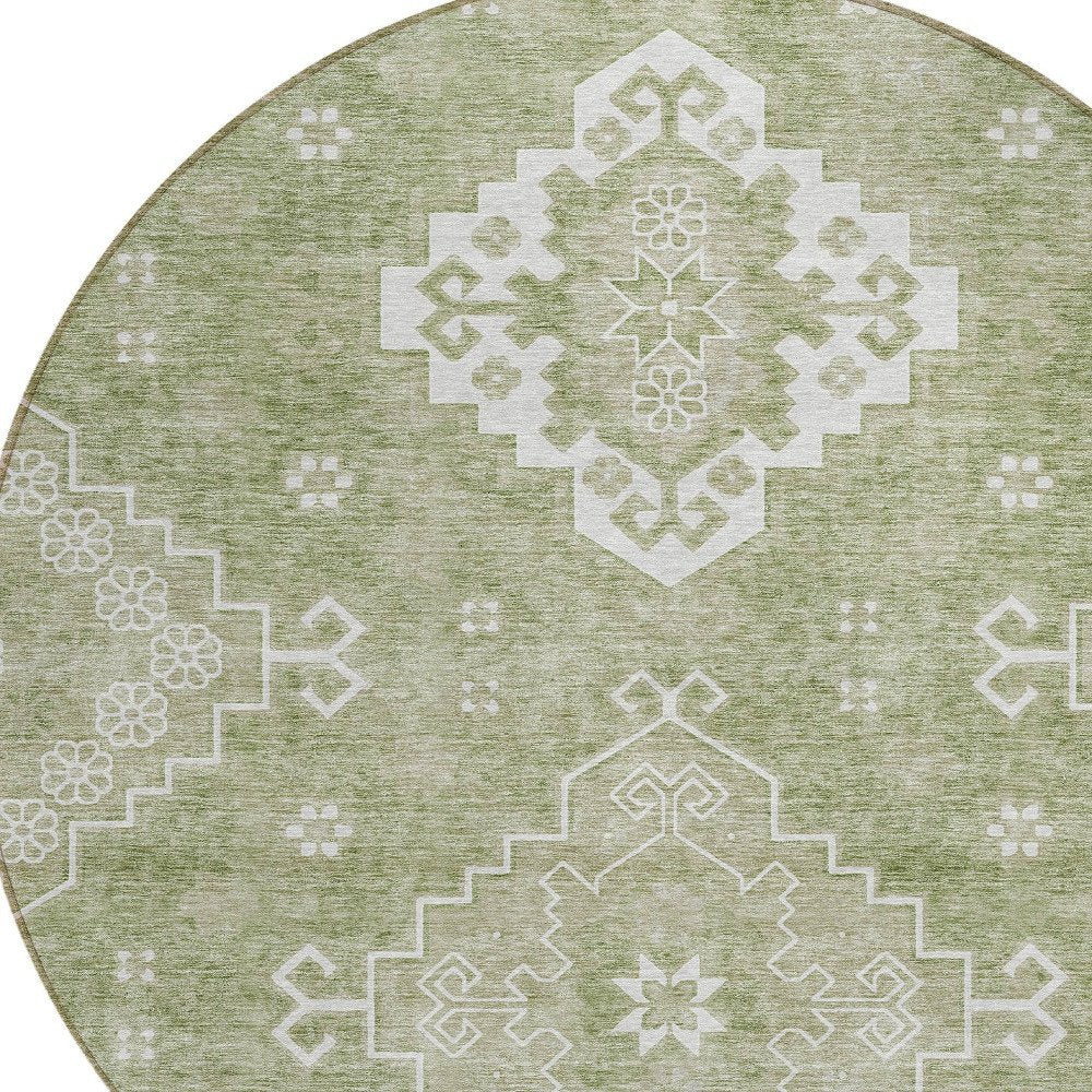 3' X 5' Artichoke Green Beige And Ivory Medallion Washable Indoor Outdoor Area Rug