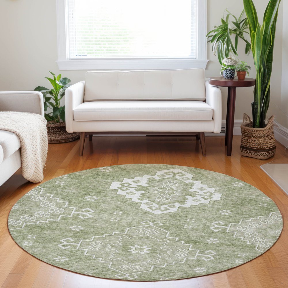 3' X 5' Artichoke Green Beige And Ivory Medallion Washable Indoor Outdoor Area Rug