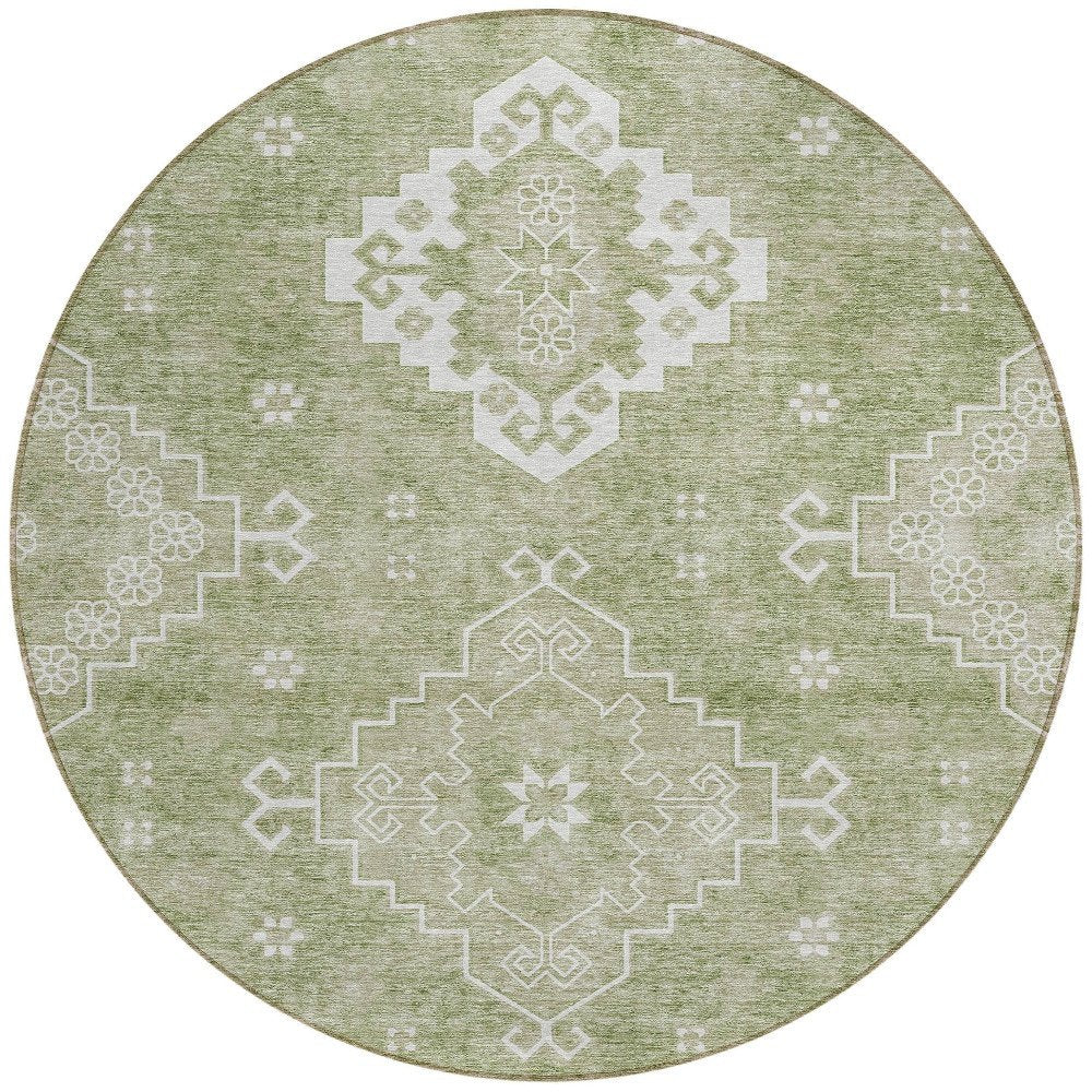 3' X 5' Artichoke Green Beige And Ivory Medallion Washable Indoor Outdoor Area Rug