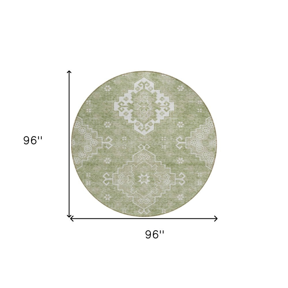 3' X 5' Artichoke Green Beige And Ivory Medallion Washable Indoor Outdoor Area Rug