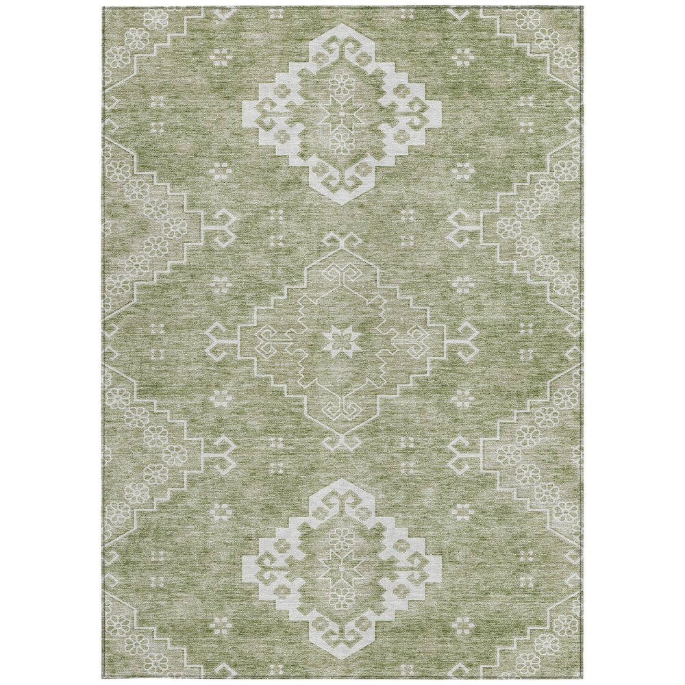3' X 5' Artichoke Green Beige And Ivory Medallion Washable Indoor Outdoor Area Rug