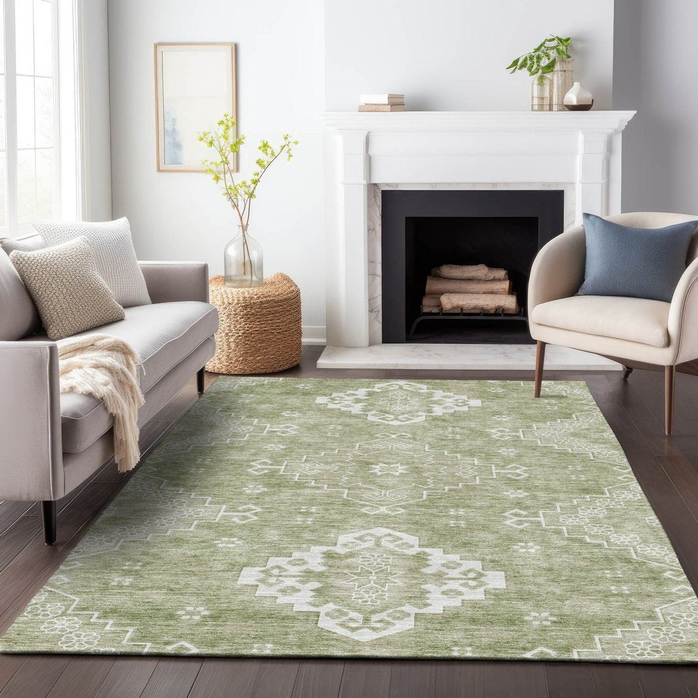 3' X 5' Artichoke Green Beige And Ivory Medallion Washable Indoor Outdoor Area Rug