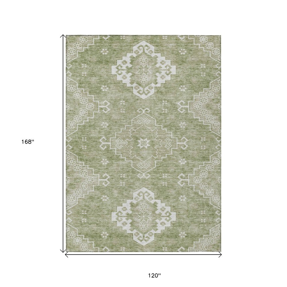 3' X 5' Artichoke Green Beige And Ivory Medallion Washable Indoor Outdoor Area Rug