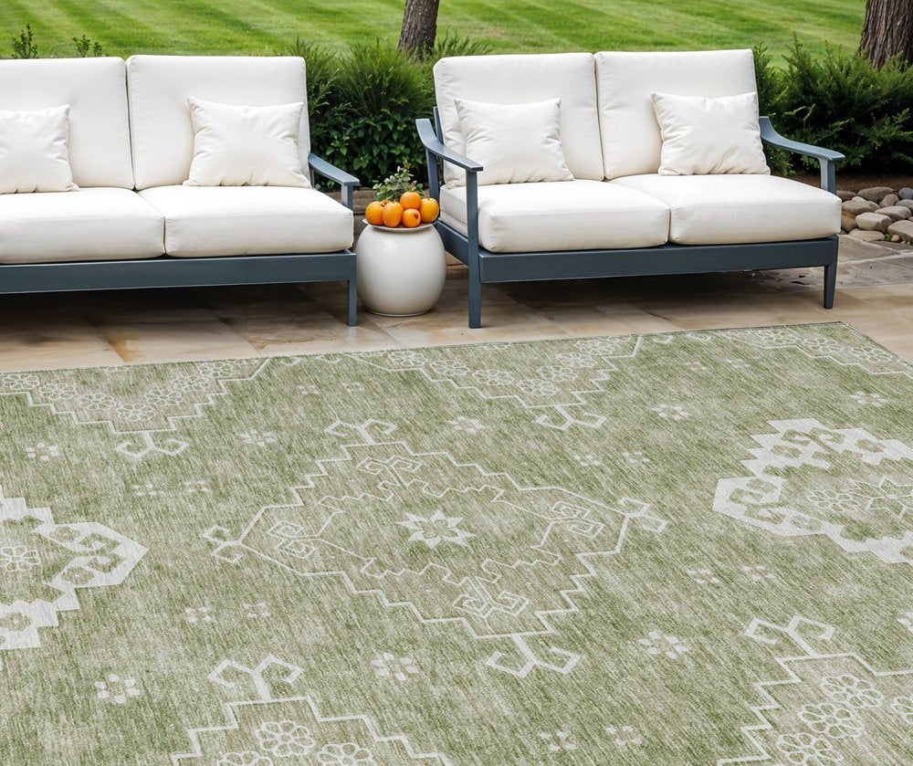 3' X 5' Artichoke Green Beige And Ivory Medallion Washable Indoor Outdoor Area Rug