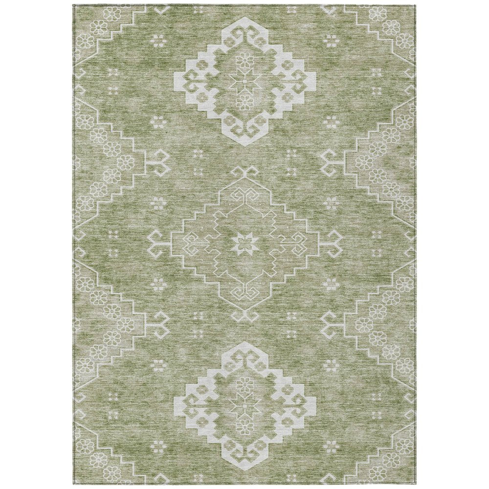 3' X 5' Artichoke Green Beige And Ivory Medallion Washable Indoor Outdoor Area Rug