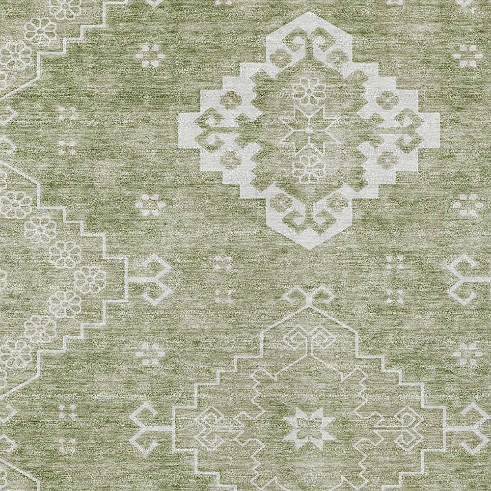 3' X 5' Artichoke Green Beige And Ivory Medallion Washable Indoor Outdoor Area Rug