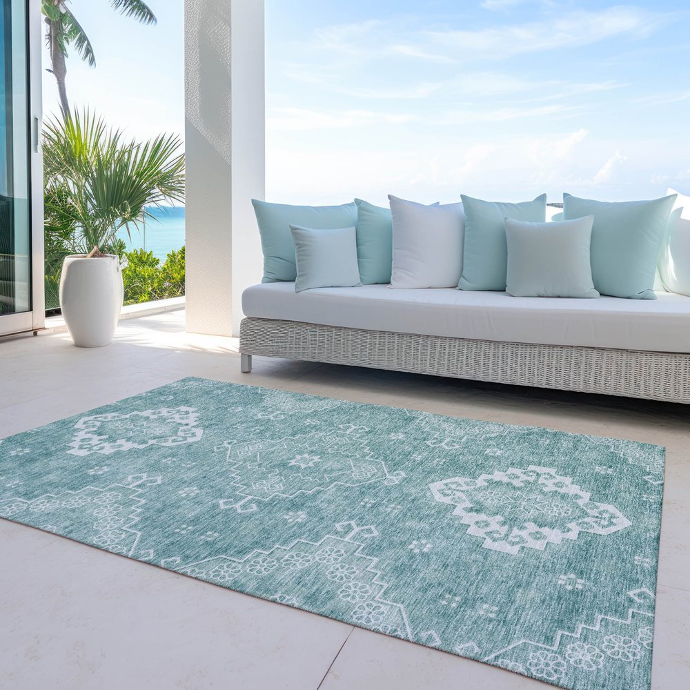 3' X 5' Aqua Teal Blue And Ivory Medallion Washable Indoor Outdoor Area Rug