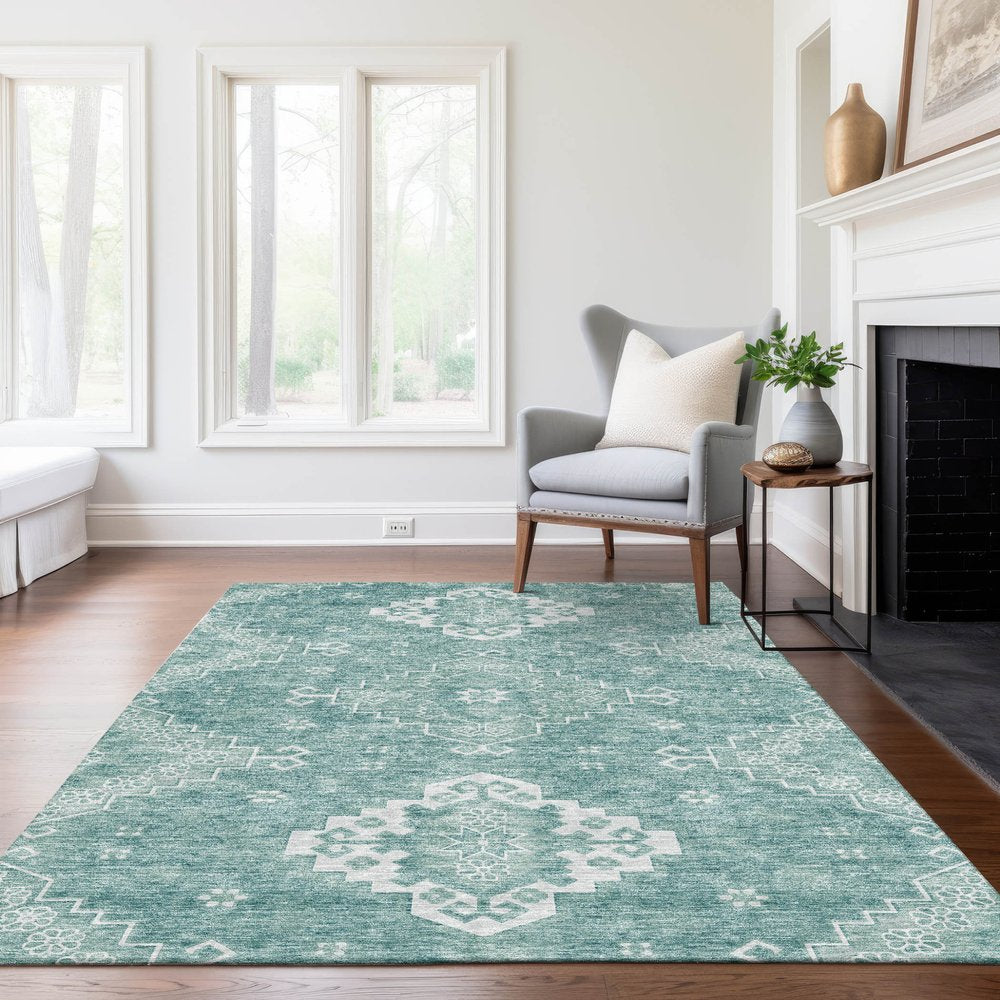 3' X 5' Aqua Teal Blue And Ivory Medallion Washable Indoor Outdoor Area Rug