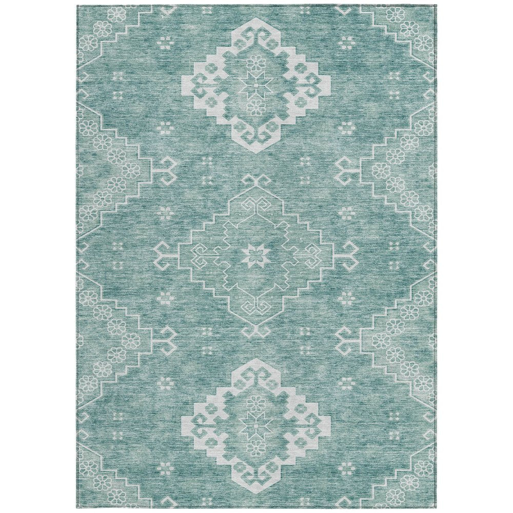 3' X 5' Aqua Teal Blue And Ivory Medallion Washable Indoor Outdoor Area Rug