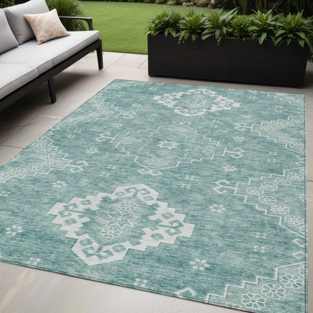 3' X 5' Aqua Teal Blue And Ivory Medallion Washable Indoor Outdoor Area Rug