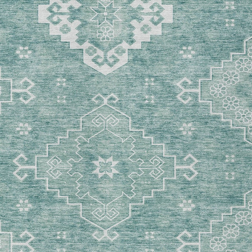 3' X 5' Aqua Teal Blue And Ivory Medallion Washable Indoor Outdoor Area Rug