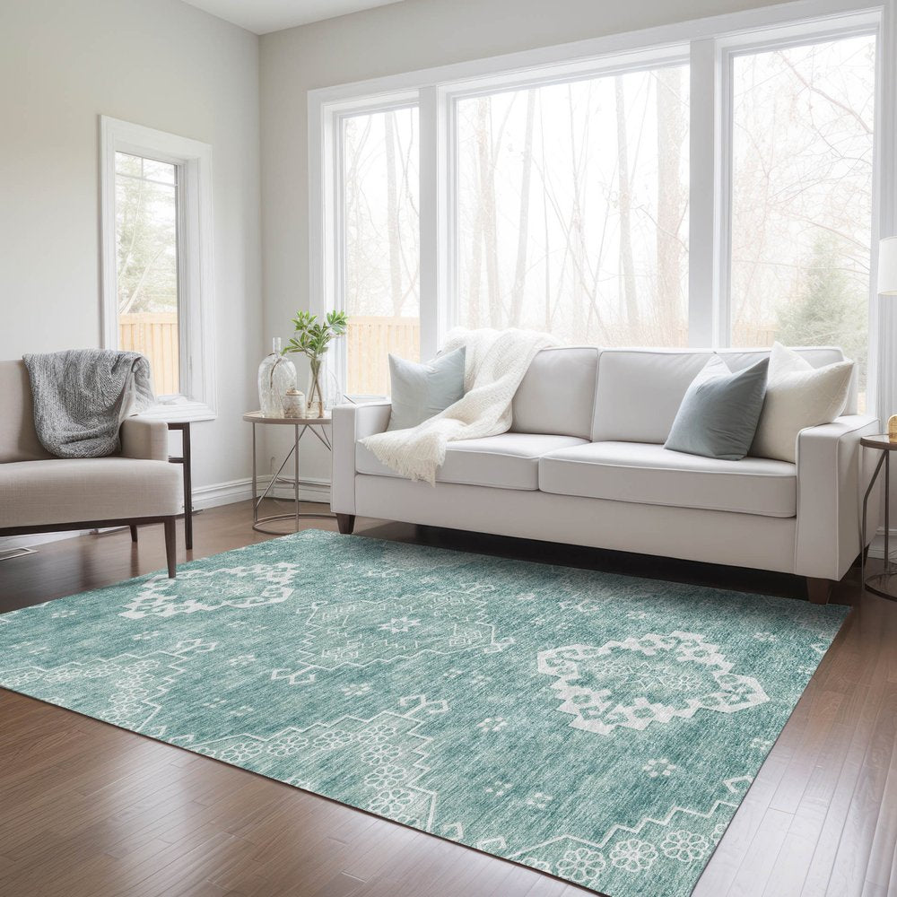 3' X 5' Aqua Teal Blue And Ivory Medallion Washable Indoor Outdoor Area Rug
