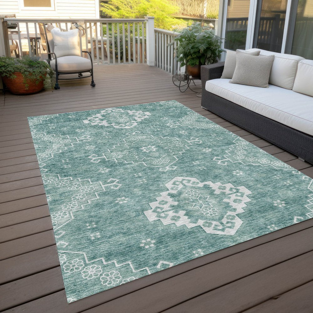 3' X 5' Aqua Teal Blue And Ivory Medallion Washable Indoor Outdoor Area Rug