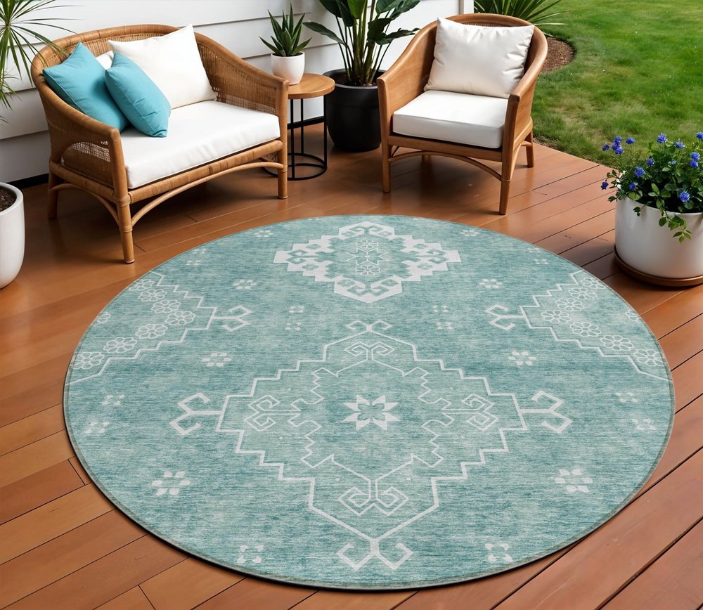 3' X 5' Aqua Teal Blue And Ivory Medallion Washable Indoor Outdoor Area Rug