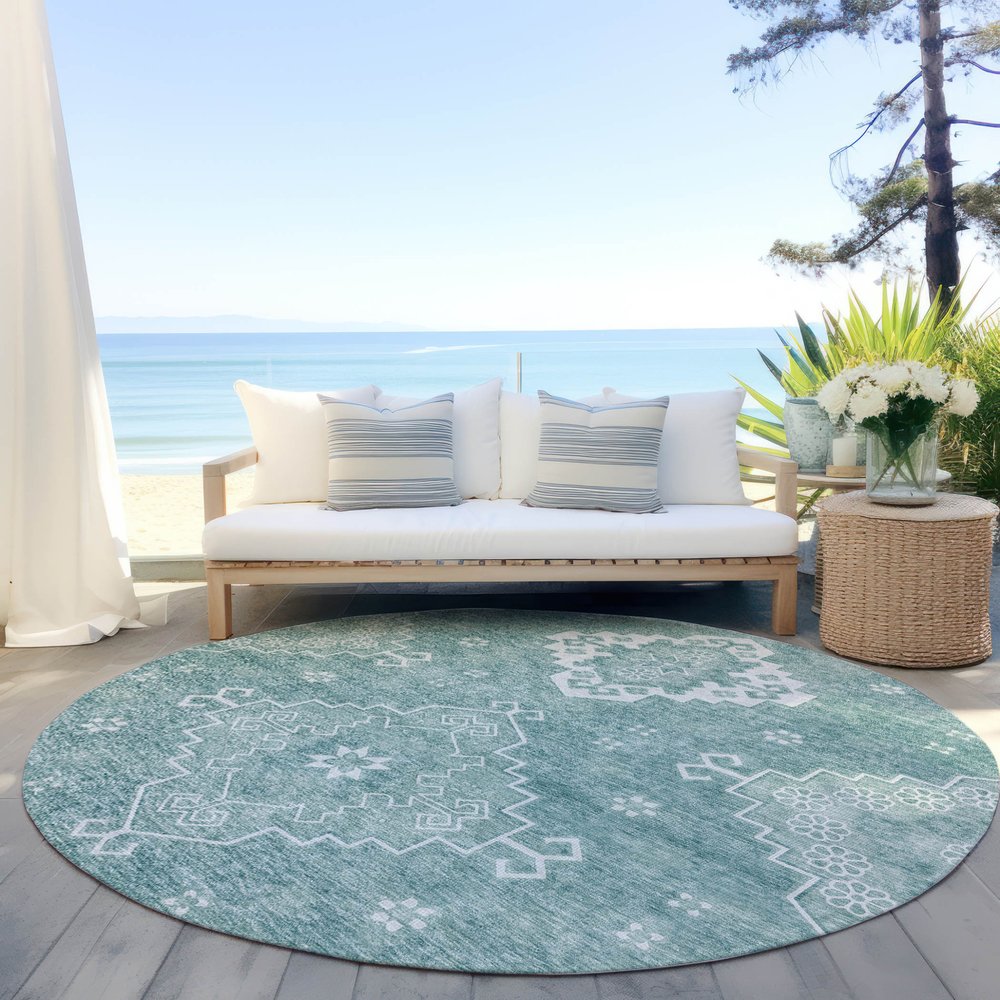 3' X 5' Aqua Teal Blue And Ivory Medallion Washable Indoor Outdoor Area Rug