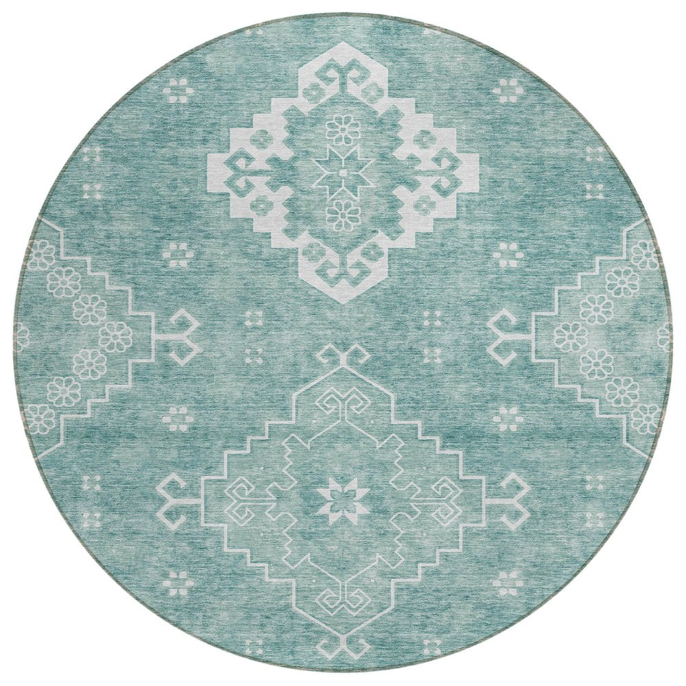 3' X 5' Aqua Teal Blue And Ivory Medallion Washable Indoor Outdoor Area Rug