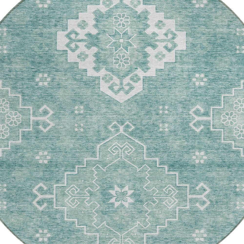 3' X 5' Aqua Teal Blue And Ivory Medallion Washable Indoor Outdoor Area Rug