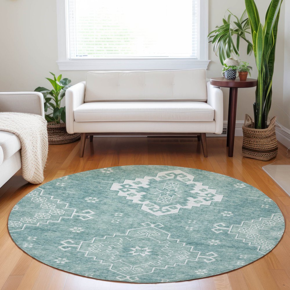 3' X 5' Aqua Teal Blue And Ivory Medallion Washable Indoor Outdoor Area Rug