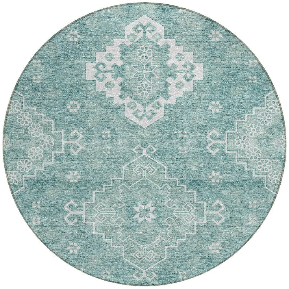 3' X 5' Aqua Teal Blue And Ivory Medallion Washable Indoor Outdoor Area Rug
