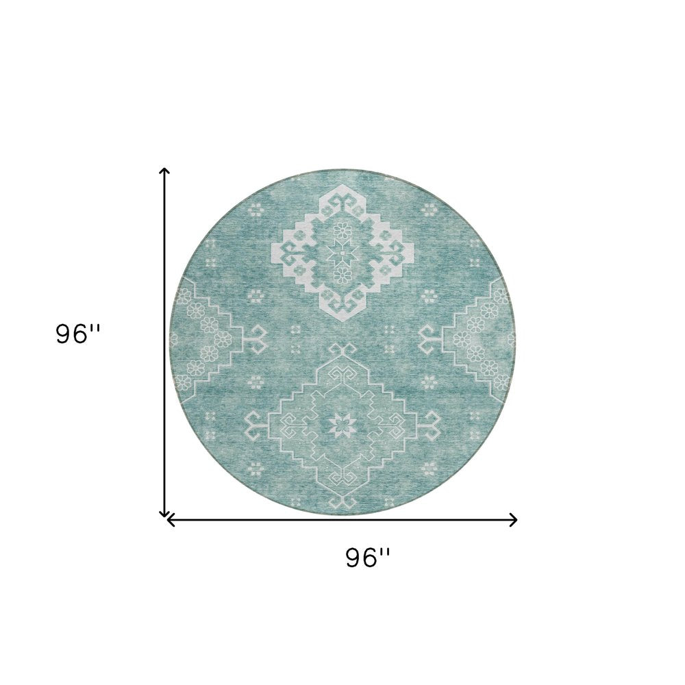 3' X 5' Aqua Teal Blue And Ivory Medallion Washable Indoor Outdoor Area Rug