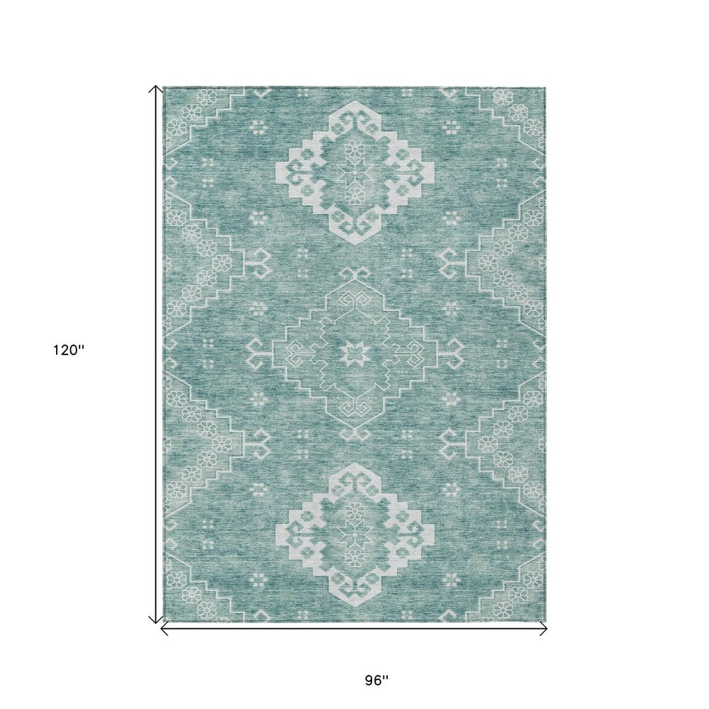 3' X 5' Aqua Teal Blue And Ivory Medallion Washable Indoor Outdoor Area Rug