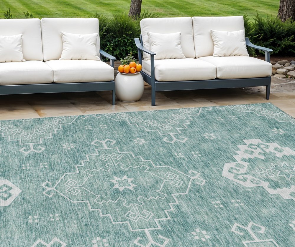 3' X 5' Aqua Teal Blue And Ivory Medallion Washable Indoor Outdoor Area Rug