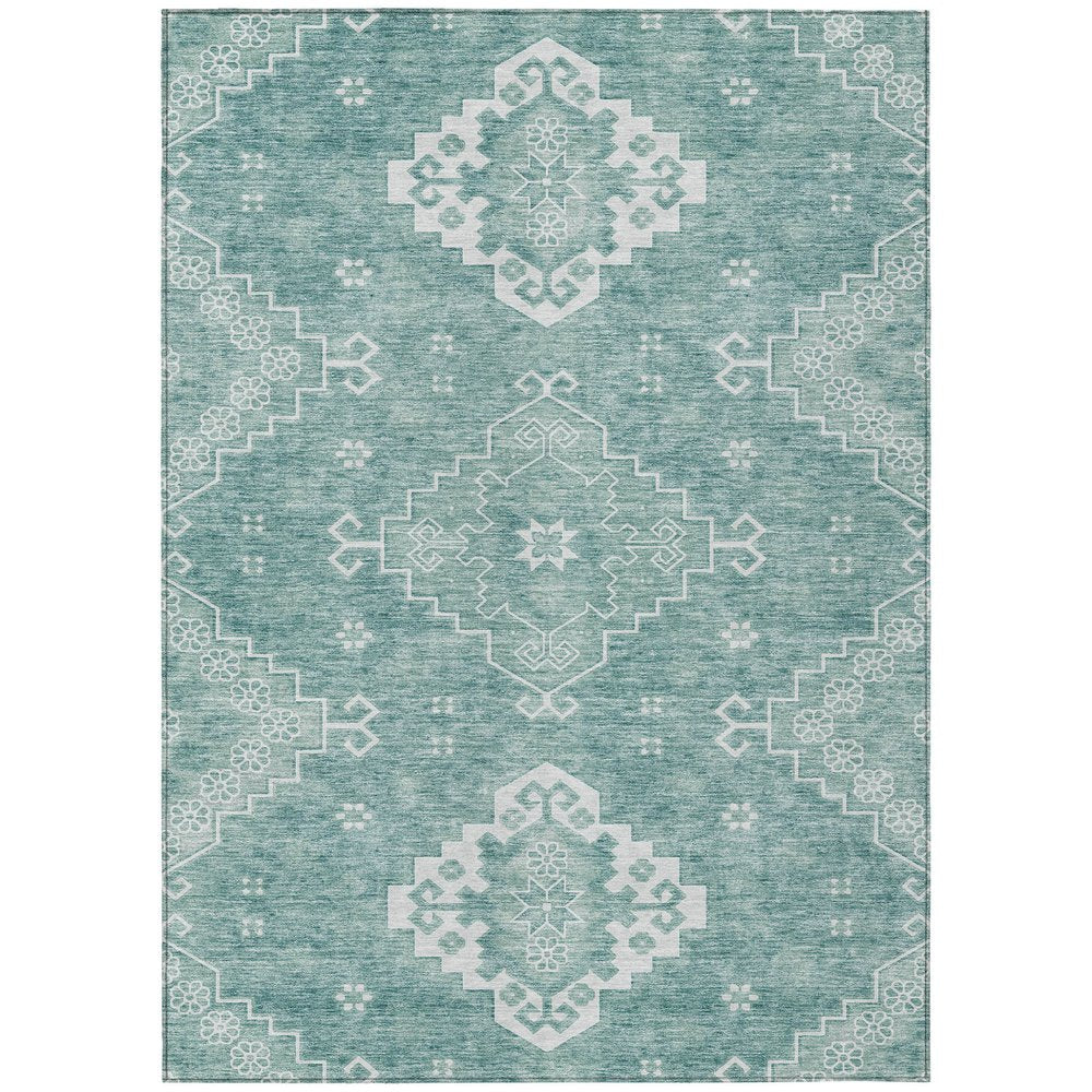3' X 5' Aqua Teal Blue And Ivory Medallion Washable Indoor Outdoor Area Rug