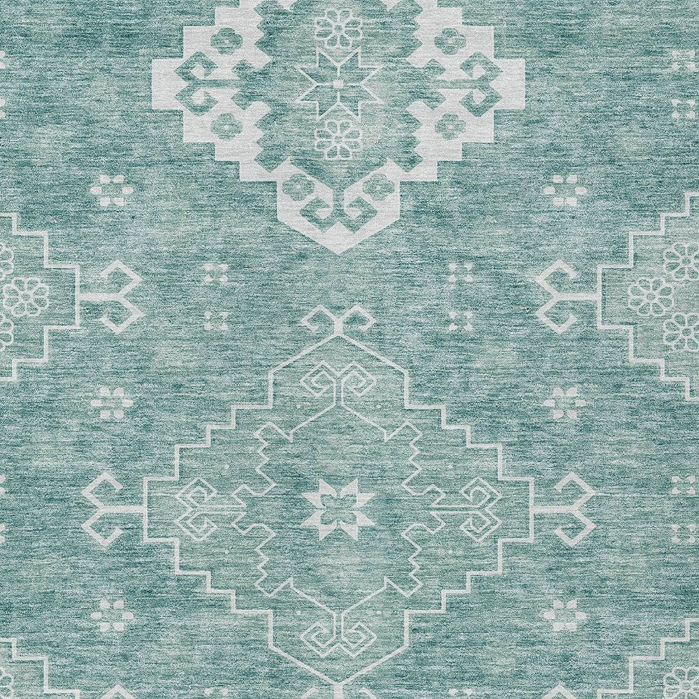 3' X 5' Aqua Teal Blue And Ivory Medallion Washable Indoor Outdoor Area Rug