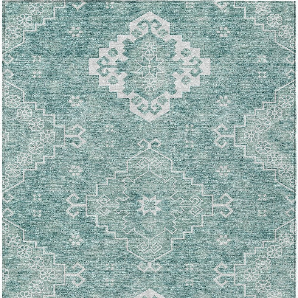 3' X 5' Aqua Teal Blue And Ivory Medallion Washable Indoor Outdoor Area Rug