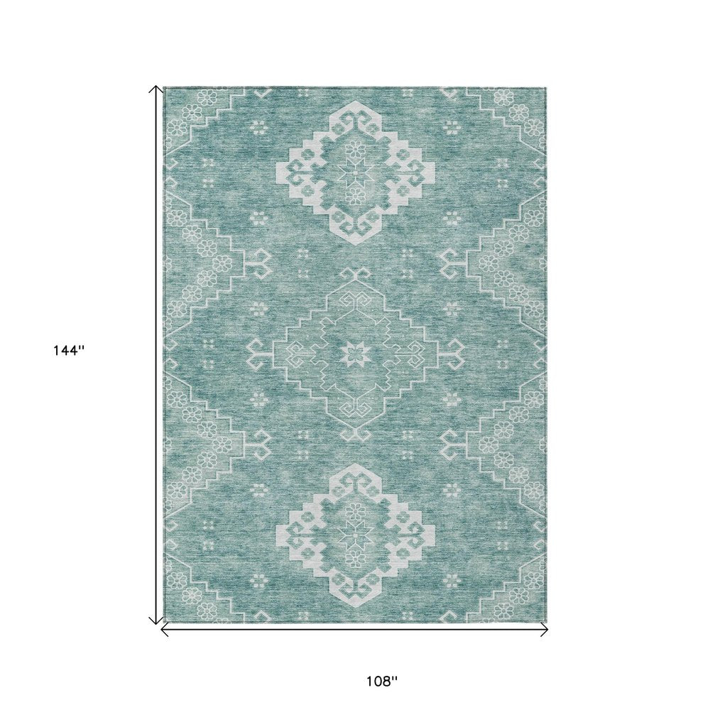3' X 5' Aqua Teal Blue And Ivory Medallion Washable Indoor Outdoor Area Rug