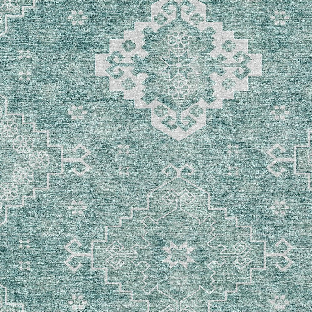 3' X 5' Aqua Teal Blue And Ivory Medallion Washable Indoor Outdoor Area Rug
