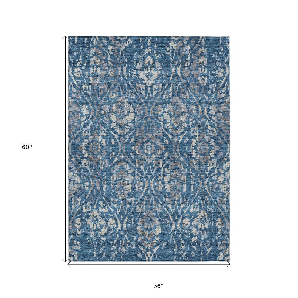 3' X 5' Blue And Ivory Floral Washable Indoor Outdoor Area Rug