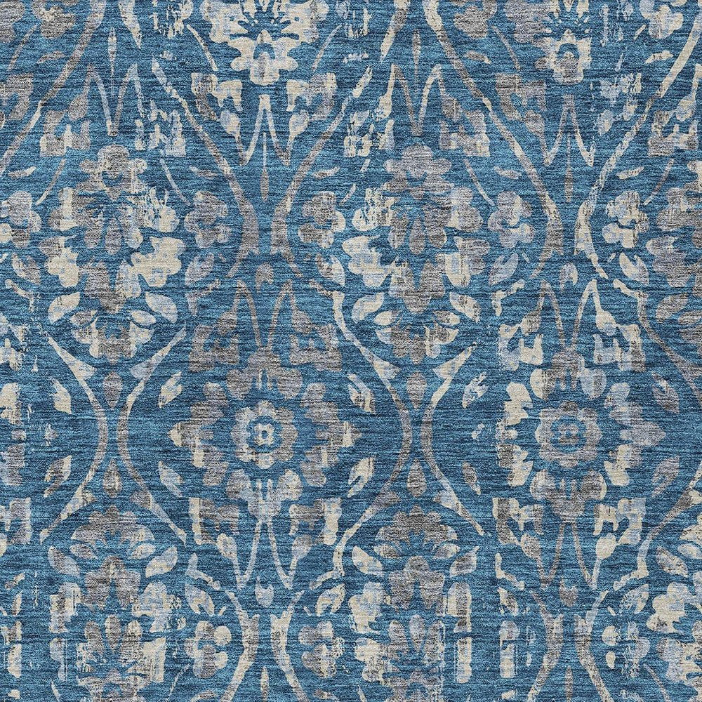 3' X 5' Blue And Ivory Floral Washable Indoor Outdoor Area Rug