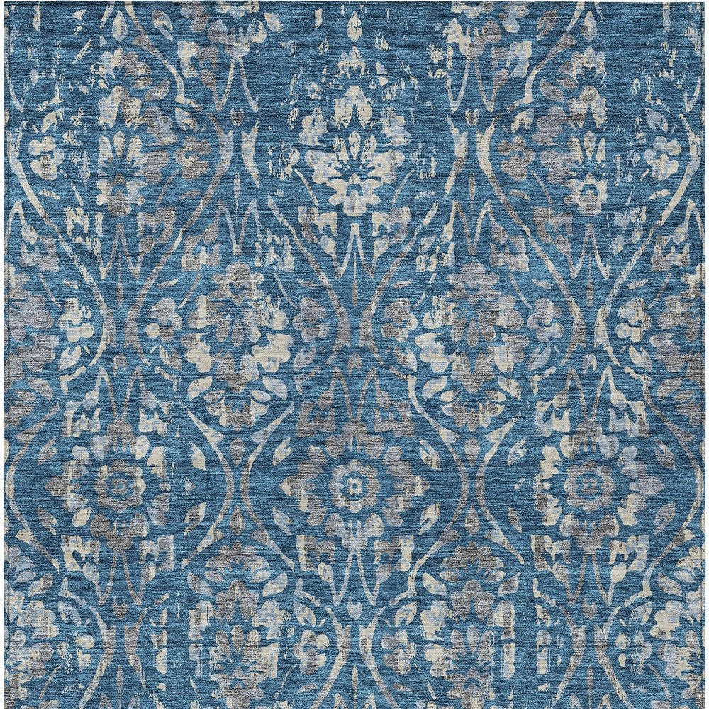 3' X 5' Blue And Ivory Floral Washable Indoor Outdoor Area Rug