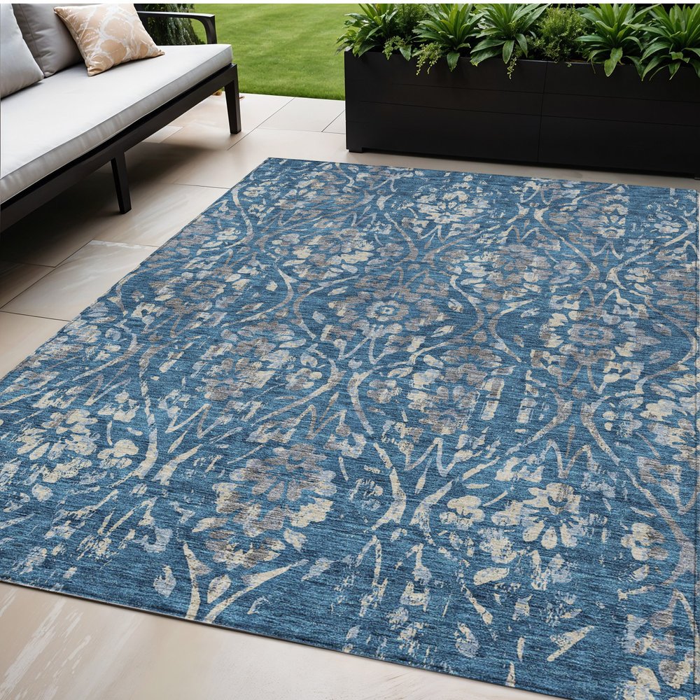 3' X 5' Blue And Ivory Floral Washable Indoor Outdoor Area Rug