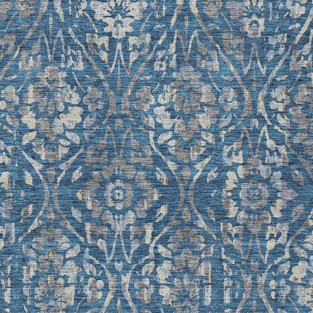 3' X 5' Blue And Ivory Floral Washable Indoor Outdoor Area Rug