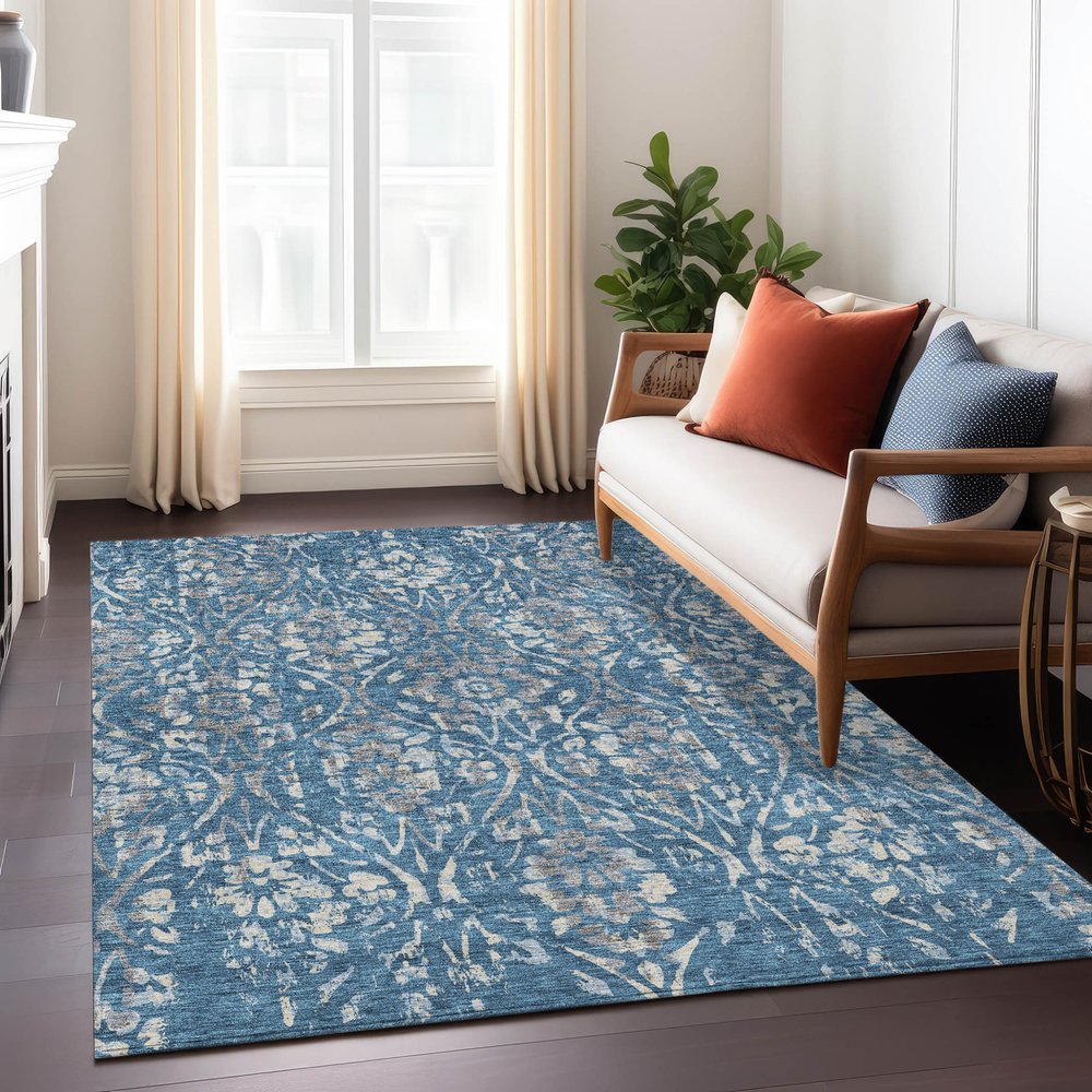 3' X 5' Blue And Ivory Floral Washable Indoor Outdoor Area Rug