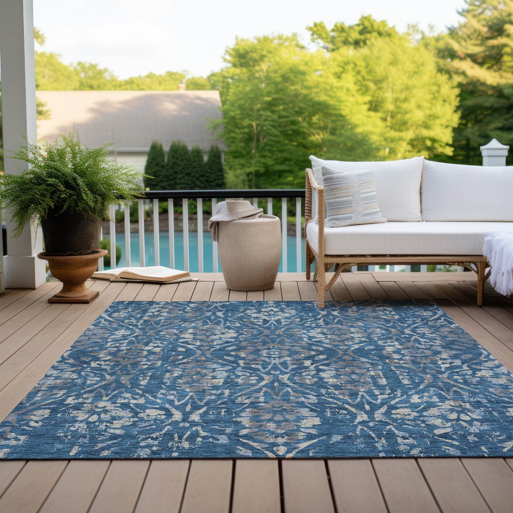 3' X 5' Blue And Ivory Floral Washable Indoor Outdoor Area Rug