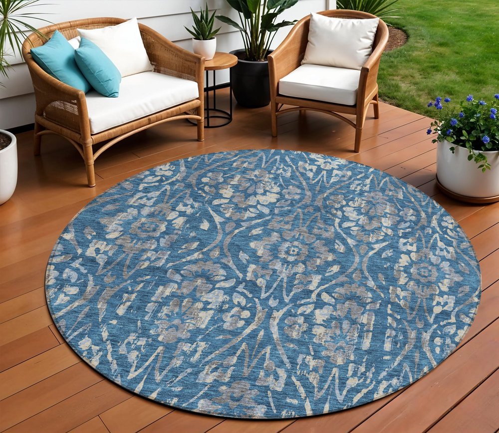 3' X 5' Blue And Ivory Floral Washable Indoor Outdoor Area Rug