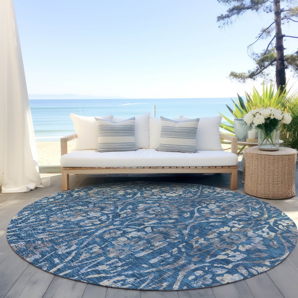 3' X 5' Blue And Ivory Floral Washable Indoor Outdoor Area Rug